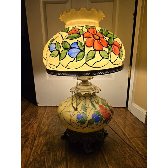 Vintage 23" Hurricane Tiffany Style Table Lamp Hand Painted Floral Gone W/ Wind - Picture 2 of 16